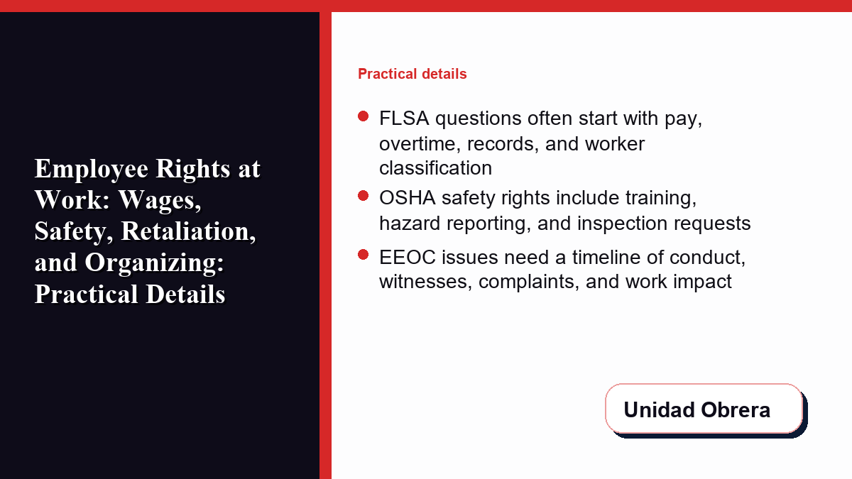Checklist of wage, safety, and discrimination records for workplace rights documentation.
