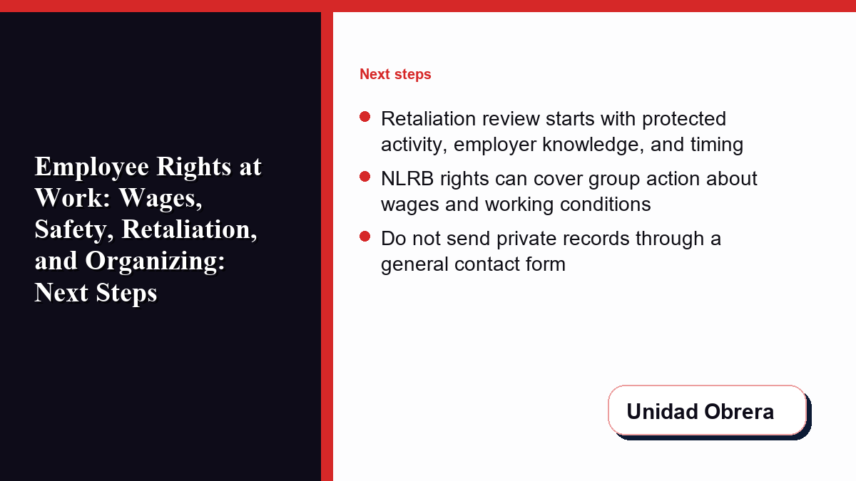 Resource checklist showing DOL, OSHA, EEOC, NLRB, and USA.gov worker rights paths.