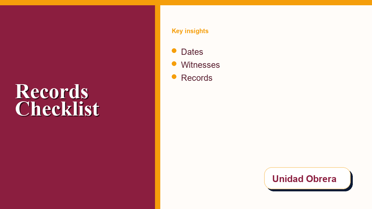 A checklist for workplace documentation detailing columns for dates, descriptions, witnesses, and evidence.