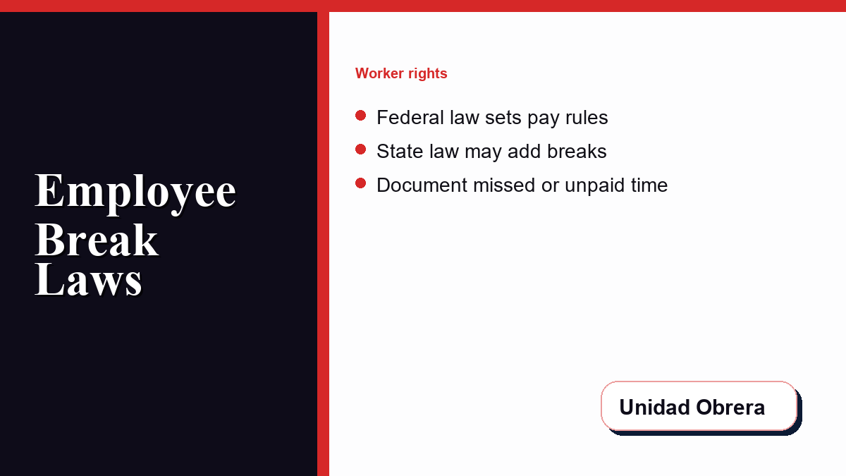 Unidad Obrera employee break laws guide with federal pay rules and state law reminders.