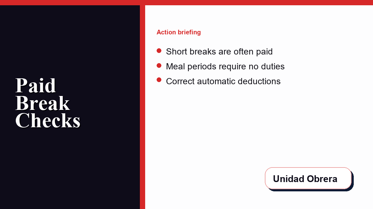 Unidad Obrera checklist for paid short breaks, meal periods, and work performed during lunch.