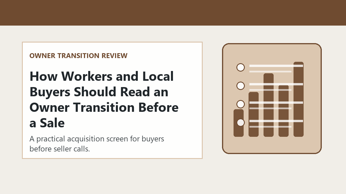 Local business owner transition with workers and buyer review notes