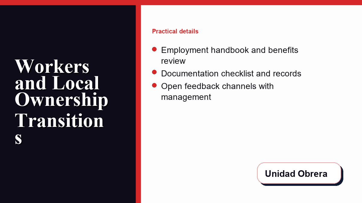 A digital guide layout with folders and checklists detailing worker rights and WARN act notice requirements during transitions.