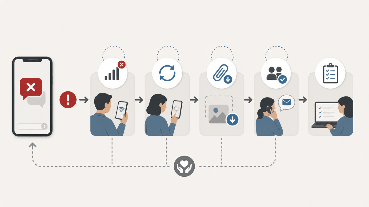 Safe message-send troubleshooting flow from connectivity check to incident log